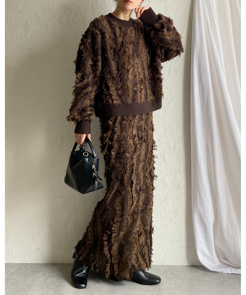 セール】ウェーブ柄長袖ミックスフリンジジャガードニット＆ロング