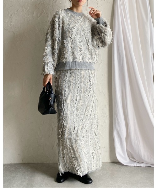 ジャガード　長袖　モックネック　シャツ　プリーツスカート　セットアップ　サイズL ジャガード 長袖 モックネック シャツ プリーツスカート セットアップ