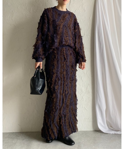 セール】ウェーブ柄長袖ミックスフリンジジャガードニット＆ロング