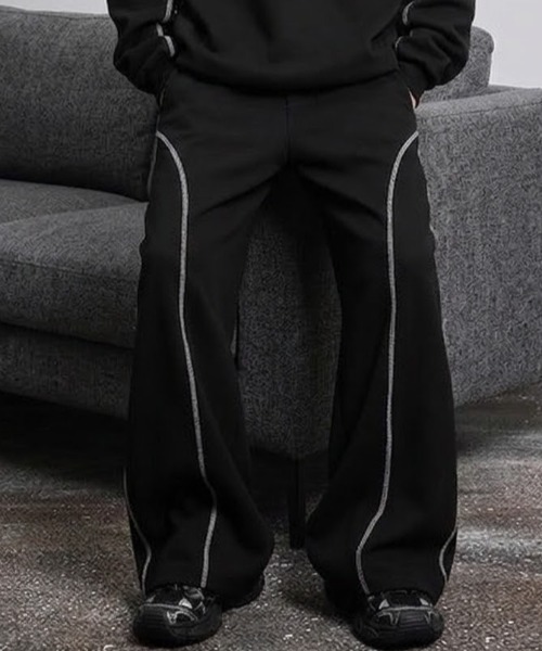 セール】配色ステッチスウェットワイドパンツ ジャージパンツ ドロー