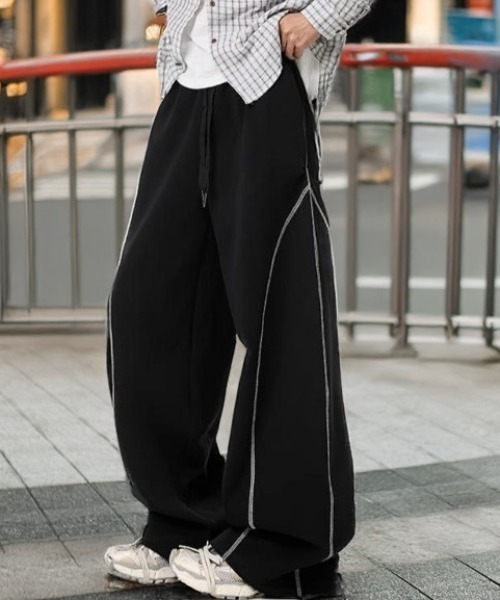 セール】配色ステッチスウェットワイドパンツ ジャージパンツ ドロー