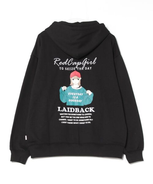 【Red Cap Girl／レッドキャップガール】ワンポイント刺繍 ガールバックプリント ジップパーカー フーディー オーバーサイズ ユニセックス 推し活（パーカー）｜Red Cap Girl（レッドキャプガール）