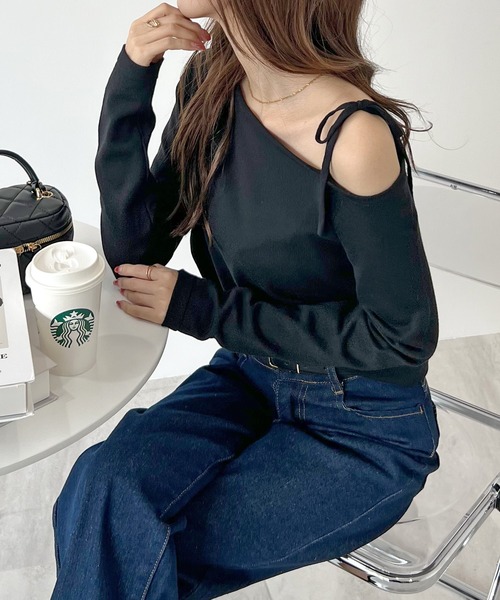 Futier land（フューティアランド）の「ワンオフショルギャザーリボンニットトップス（ニット/セーター・レディース・ピンク/グレー/ブラック・FREE）」の14枚目の写真