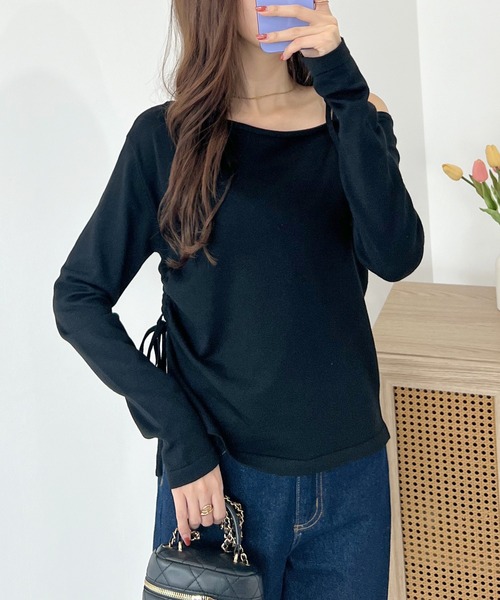 Futier land（フューティアランド）の「ワンオフショルギャザーリボンニットトップス（ニット/セーター・レディース・ピンク/グレー/ブラック・FREE）」の16枚目の写真