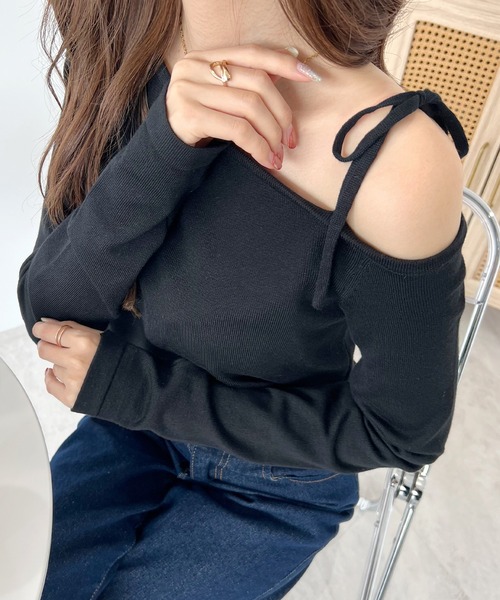 Futier land（フューティアランド）の「ワンオフショルギャザーリボンニットトップス（ニット/セーター・レディース・ピンク/グレー/ブラック・FREE）」の18枚目の写真