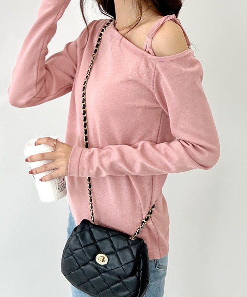 Futier land（フューティアランド）の「ワンオフショルギャザーリボンニットトップス（ニット/セーター・レディース・ピンク/グレー/ブラック・FREE）」の12枚目の写真