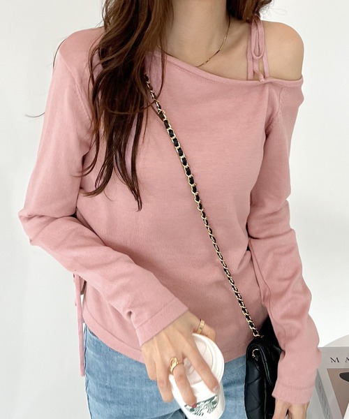 Futier land（フューティアランド）の「ワンオフショルギャザーリボンニットトップス（ニット/セーター・レディース・ピンク/グレー/ブラック・FREE）」の9枚目の写真