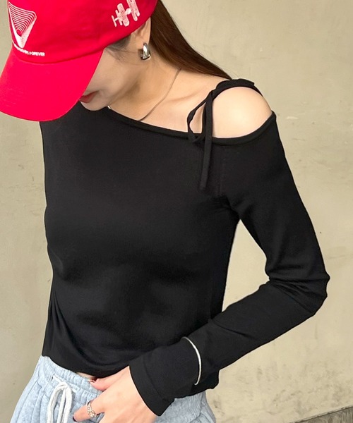 Futier land（フューティアランド）の「ワンオフショルギャザーリボンニットトップス（ニット/セーター・レディース・ピンク/グレー/ブラック・FREE）」の21枚目の写真