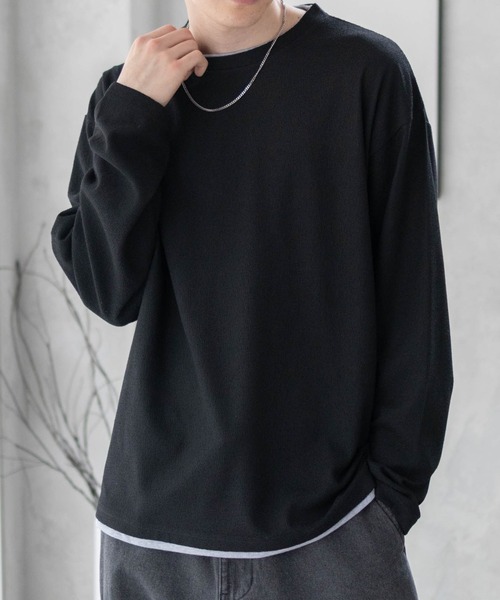 URBAN COLLECTION(アーバンコレクション)の「URBAN COLLECTION 梨地 フェイクレイヤードロンT(Tシャツ/カットソー・メンズ・ブラック/ブルーグレー/グレイッシュベージュ・S/M/L/XL)」の2枚目の写真