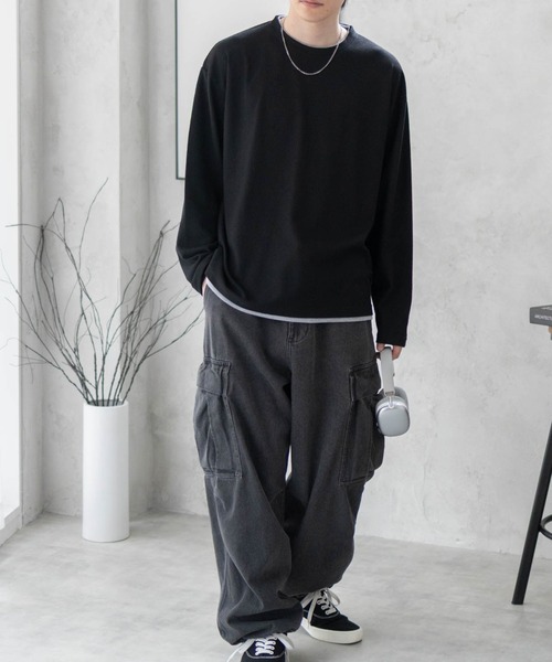 URBAN COLLECTION(アーバンコレクション)の「URBAN COLLECTION 梨地 フェイクレイヤードロンT(Tシャツ/カットソー・メンズ・ブラック/ブルーグレー/グレイッシュベージュ・S/M/L/XL)」の4枚目の写真