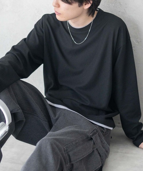 URBAN COLLECTION(アーバンコレクション)の「URBAN COLLECTION 梨地 フェイクレイヤードロンT(Tシャツ/カットソー・メンズ・ブラック/ブルーグレー/グレイッシュベージュ・S/M/L/XL)」の6枚目の写真