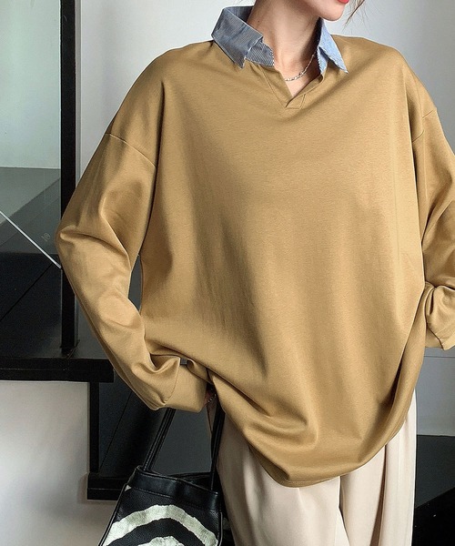 LOWO(ロワ)の「襟付きオーバーサイズプルオーバー(Tシャツ/カットソー・レディース・ライトグレー/ブラック/ライトベージュ/マスタード・FREE)」の4枚目の写真
