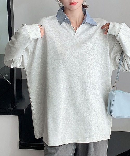 LOWO(ロワ)の「襟付きオーバーサイズプルオーバー(Tシャツ/カットソー・レディース・ライトグレー/ブラック/ライトベージュ/マスタード・FREE)」の1枚目の写真
