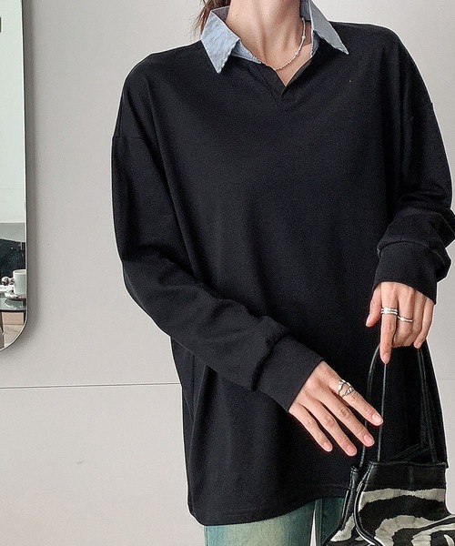 LOWO(ロワ)の「襟付きオーバーサイズプルオーバー(Tシャツ/カットソー・レディース・ライトグレー/ブラック/ライトベージュ/マスタード・FREE)」の6枚目の写真