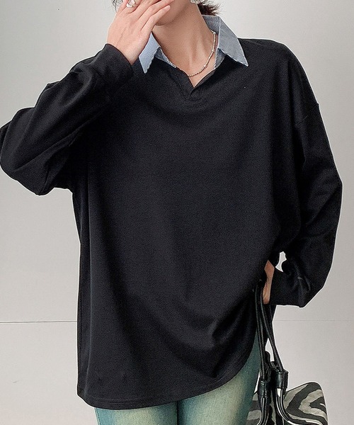 LOWO(ロワ)の「襟付きオーバーサイズプルオーバー(Tシャツ/カットソー・レディース・ライトグレー/ブラック/ライトベージュ/マスタード・FREE)」の8枚目の写真