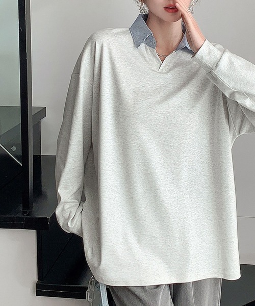 LOWO(ロワ)の「襟付きオーバーサイズプルオーバー(Tシャツ/カットソー・レディース・ライトグレー/ブラック/ライトベージュ/マスタード・FREE)」の10枚目の写真
