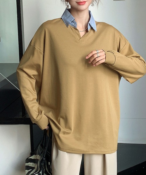 LOWO(ロワ)の「襟付きオーバーサイズプルオーバー(Tシャツ/カットソー・レディース・ライトグレー/ブラック/ライトベージュ/マスタード・FREE)」の11枚目の写真