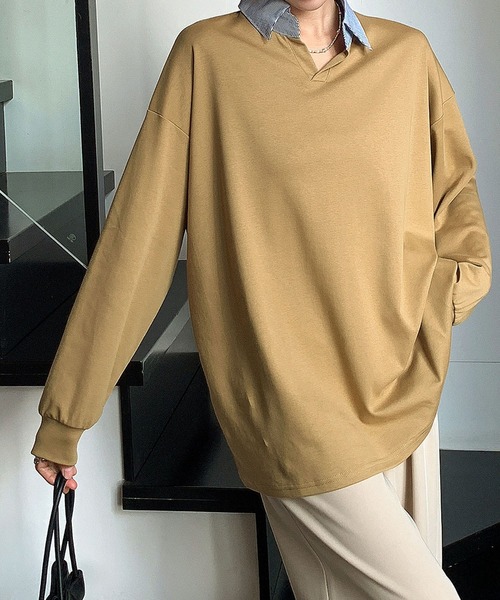 LOWO(ロワ)の「襟付きオーバーサイズプルオーバー(Tシャツ/カットソー・レディース・ライトグレー/ブラック/ライトベージュ/マスタード・FREE)」の12枚目の写真