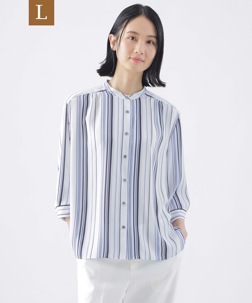 TRANS WORK(トランスワーク)の「【L】【ウォッシャブル】マルチストライププリントシャツブラウス(シャツ/ブラウス・レディース・ホワイト系その他/グリーン/ブルー・44/46)」の1枚目の写真
