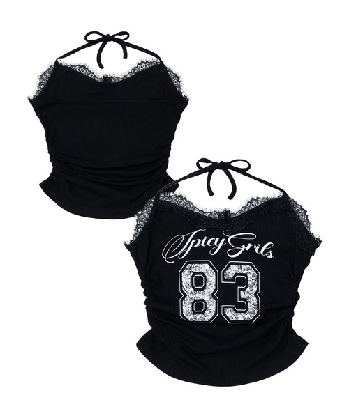HOOK(フック)の「【HOOK】for girls レース×ロゴプリントホルターネックトップス (SS)(キャミソール・レディース・ブラック/ホワイト・MEDIUM/LARGE)」の2枚目の写真