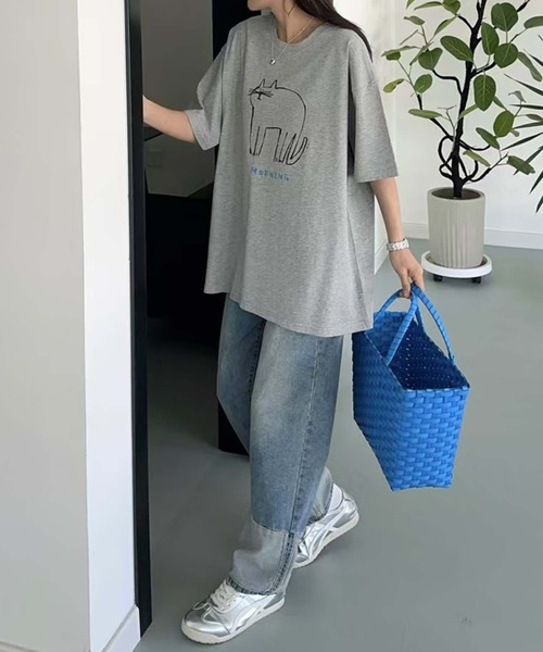 aimoha(アイモハ)の「キャットプリントデザインTシャツ(Tシャツ/カットソー・レディース・チョコ/杢グレー/イエロー/ピンク/ブラック/ホワイト・FREE)」の1枚目の写真