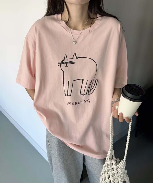 aimoha(アイモハ)の「キャットプリントデザインTシャツ(Tシャツ/カットソー・レディース・チョコ/杢グレー/イエロー/ピンク/ブラック/ホワイト・FREE)」の6枚目の写真