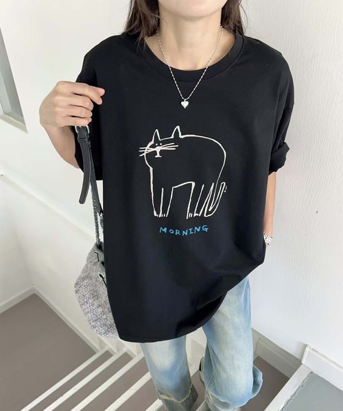 aimoha(アイモハ)の「キャットプリントデザインTシャツ(Tシャツ/カットソー・レディース・チョコ/杢グレー/イエロー/ピンク/ブラック/ホワイト・FREE)」の3枚目の写真