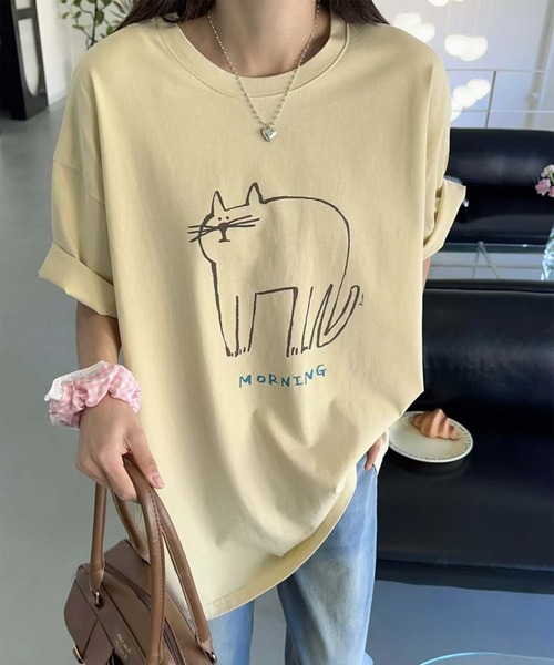aimoha(アイモハ)の「キャットプリントデザインTシャツ(Tシャツ/カットソー・レディース・チョコ/杢グレー/イエロー/ピンク/ブラック/ホワイト・FREE)」の22枚目の写真