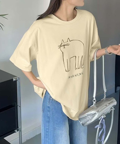 aimoha(アイモハ)の「キャットプリントデザインTシャツ(Tシャツ/カットソー・レディース・チョコ/杢グレー/イエロー/ピンク/ブラック/ホワイト・FREE)」の8枚目の写真