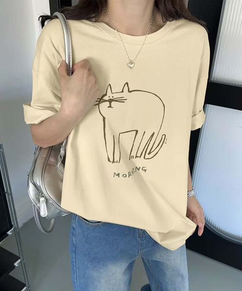 aimoha(アイモハ)の「キャットプリントデザインTシャツ(Tシャツ/カットソー・レディース・チョコ/杢グレー/イエロー/ピンク/ブラック/ホワイト・FREE)」の9枚目の写真