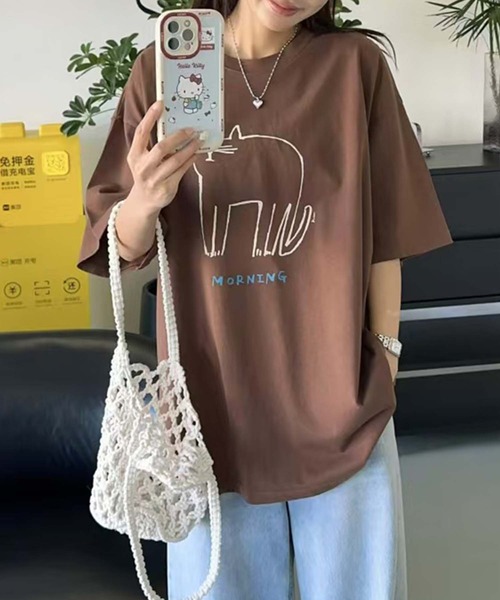 aimoha(アイモハ)の「キャットプリントデザインTシャツ(Tシャツ/カットソー・レディース・チョコ/杢グレー/イエロー/ピンク/ブラック/ホワイト・FREE)」の11枚目の写真