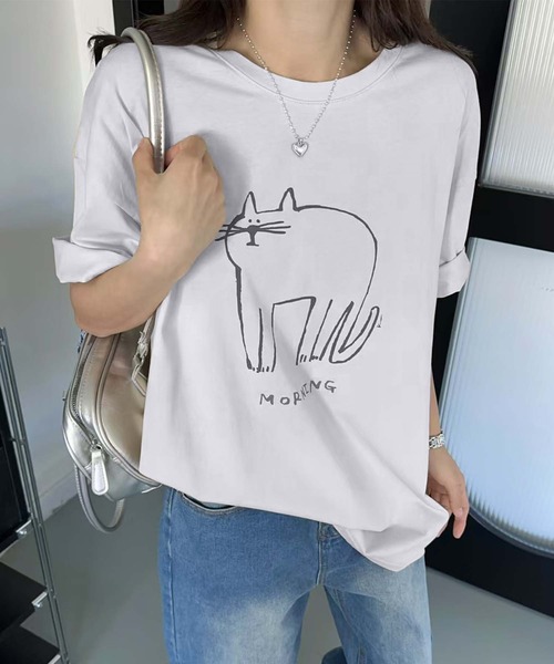 aimoha(アイモハ)の「キャットプリントデザインTシャツ(Tシャツ/カットソー・レディース・チョコ/杢グレー/イエロー/ピンク/ブラック/ホワイト・FREE)」の12枚目の写真