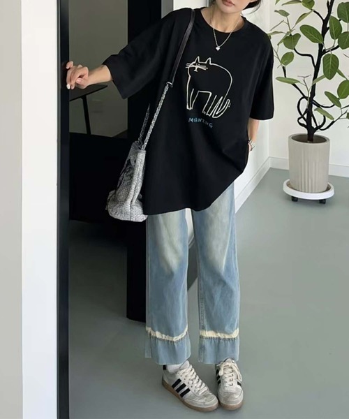 aimoha(アイモハ)の「キャットプリントデザインTシャツ(Tシャツ/カットソー・レディース・チョコ/杢グレー/イエロー/ピンク/ブラック/ホワイト・FREE)」の13枚目の写真