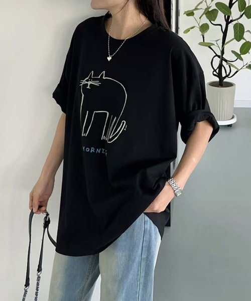aimoha(アイモハ)の「キャットプリントデザインTシャツ(Tシャツ/カットソー・レディース・チョコ/杢グレー/イエロー/ピンク/ブラック/ホワイト・FREE)」の14枚目の写真