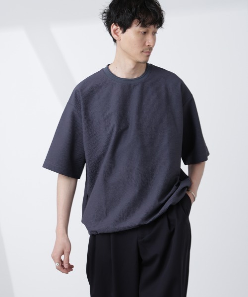 NANO universe（ナノユニバース）の「シルケットサッカーワイドTシャツ 半袖（Tシャツ/カットソー・メンズ・ブラック/ホワイト/ネイビー/グレー・S/M/L/XL）」の3枚目の写真