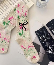 mosox（モソックス）の「【MOSOX】細リボン×ペイントスプラッシュリブクルーソックス（ソックス/靴下）」