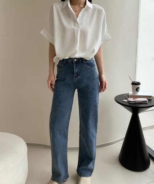 LOWO(ロワ)の「綿混ストレートデニムパンツ(デニムパンツ・レディース・インディゴブルー/ブラック/ブルー・2L/L/M)」の6枚目の写真