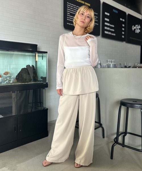 フリル付きベージュパンツセットアップ セール】【セットアップ】 4WAY フリル付きワイドパンツ