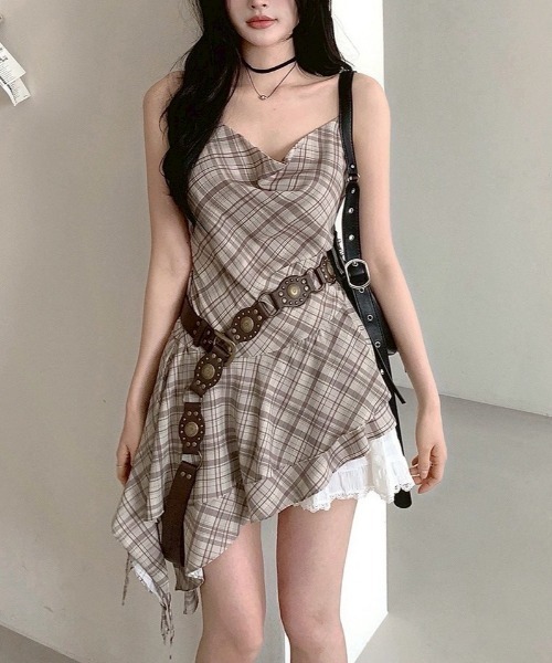 almo（アルモ）の「【LAMPOON】チェックイレヘムキャミワンピ（ワンピース・レディース・モカ/グレー・FREE）」の2枚目の写真