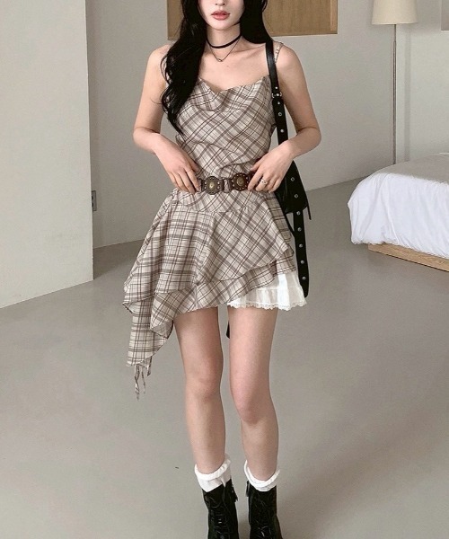 almo（アルモ）の「【LAMPOON】チェックイレヘムキャミワンピ（ワンピース・レディース・モカ/グレー・FREE）」の4枚目の写真