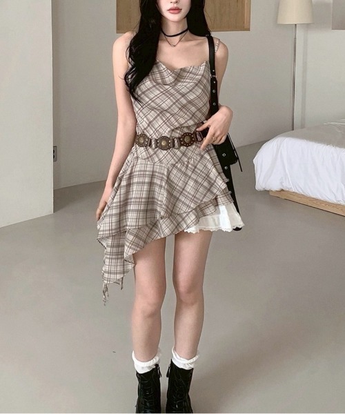 almo（アルモ）の「【LAMPOON】チェックイレヘムキャミワンピ（ワンピース・レディース・モカ/グレー・FREE）」の5枚目の写真