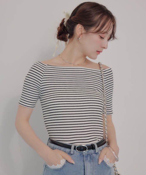ECREL(エクレール)の「ボーダーオフショルトップス(Tシャツ/カットソー・レディース・ブラウン/ホワイト・FREE)」の3枚目の写真