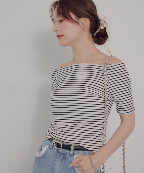 ECREL(エクレール)の「ボーダーオフショルトップス(Tシャツ/カットソー・レディース・ブラウン/ホワイト・FREE)」の8枚目の写真