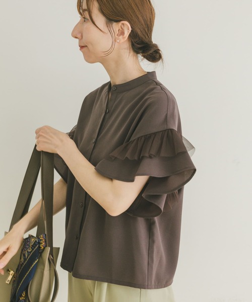 ITEMS URBANRESEARCH（アイテムズ アーバンリサーチ）の「チュールドッキングフリルブラウス（シャツ/ブラウス・レディース・グレー系その他/ブラック/オフホワイト・FREE）」の6枚目の写真