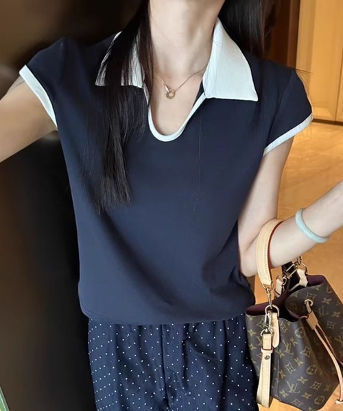 Girly Doll(ガーリードール)の「配色ポロカラーカットソー(Tシャツ/カットソー・レディース・グレー/ブラック/ホワイト/ネイビー・FREE)」の4枚目の写真