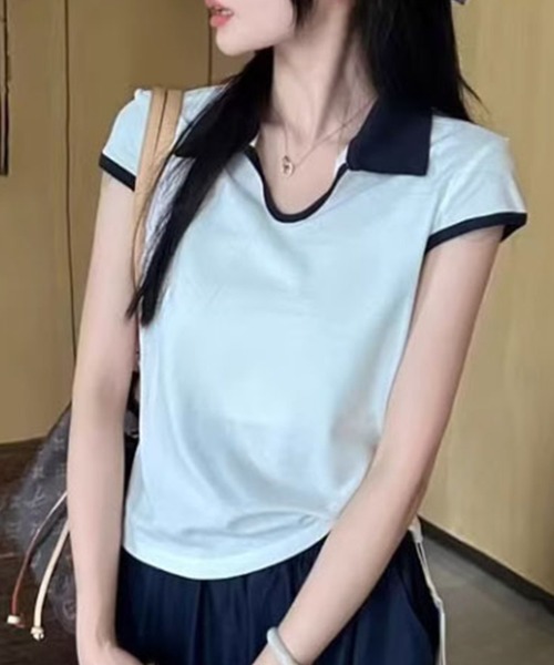 Girly Doll(ガーリードール)の「配色ポロカラーカットソー(Tシャツ/カットソー・レディース・グレー/ブラック/ホワイト/ネイビー・FREE)」の1枚目の写真