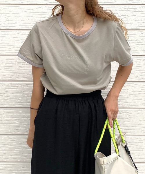 Q（キュー）の「リンガーロゴプリントT（Tシャツ/カットソー・レディース・ネイビー/オリーブ・MEDIUM）」の14枚目の写真