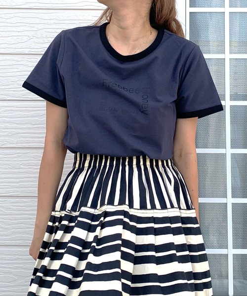 Q（キュー）の「リンガーロゴプリントT（Tシャツ/カットソー・レディース・ネイビー/オリーブ・MEDIUM）」の17枚目の写真