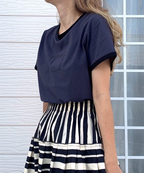 Q（キュー）の「リンガーロゴプリントT（Tシャツ/カットソー・レディース・ネイビー/オリーブ・MEDIUM）」の18枚目の写真