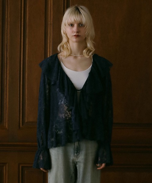 BAYFLOW（ベイフロー）の「【EF（エフ）】ラッフルレースブラウス（WOMEN）（シャツ/ブラウス・レディース・ネイビー/オフホワイト・FREE）」の2枚目の写真